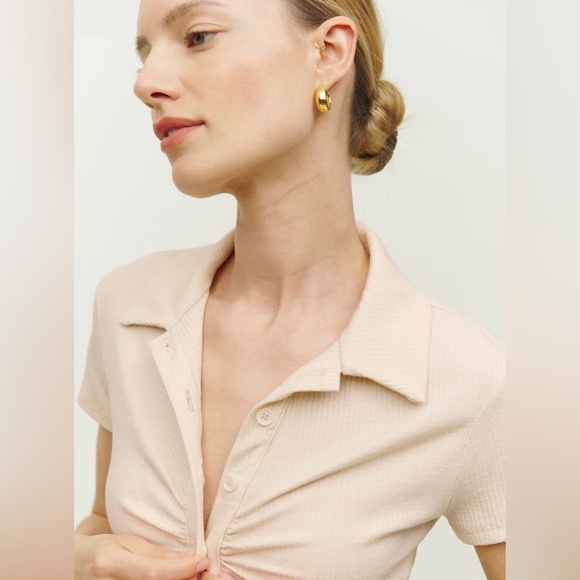 Reformation Cream Brantley Knit Ribbed Collared Top, Size Small - Picture 2 of 12